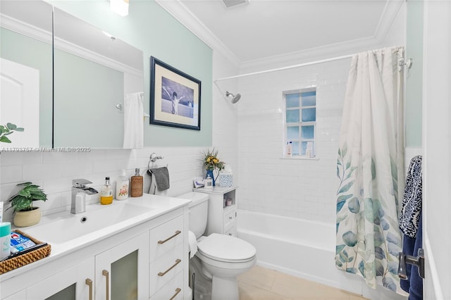 full bathroom with crown molding, tile patterned flooring, vanity, toilet, and shower / tub combo