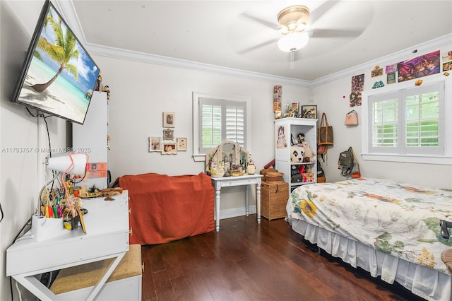 bedroom with ceiling fan, ornamental molding, and hardwood / wood-style floors