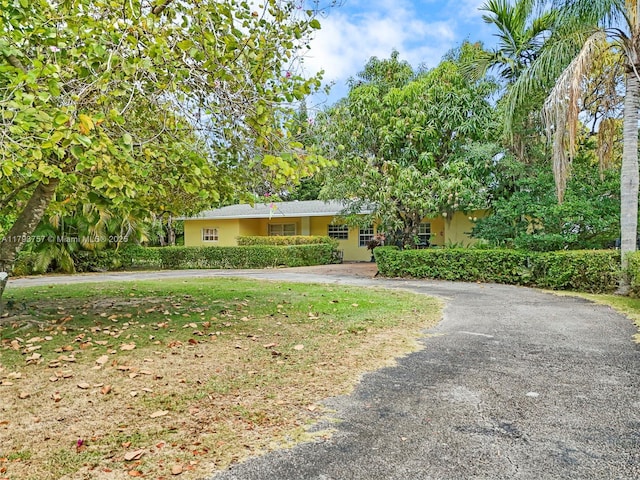 single story home featuring curved driveway and stucco siding