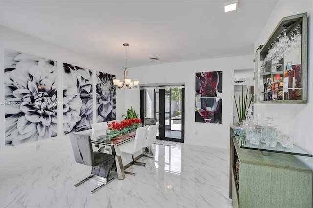 14631 SW 20th St, Miami, FL 33175 - dining area featuring visible vents, an inviting chandelier, french doors, and marble finish floor