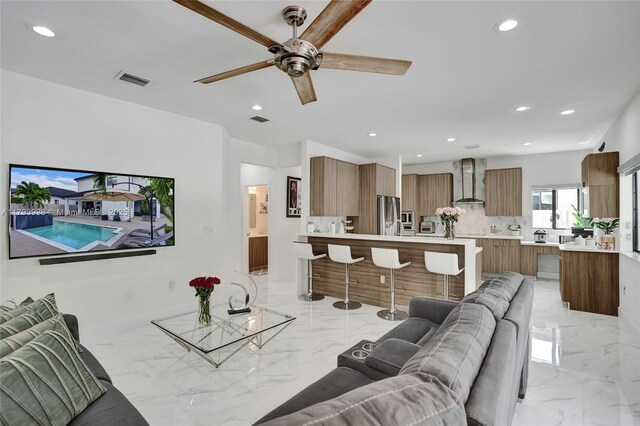 14631 SW 20th St, Miami, FL 33175 - living area featuring recessed lighting, a ceiling fan, marble finish floor, and visible vents