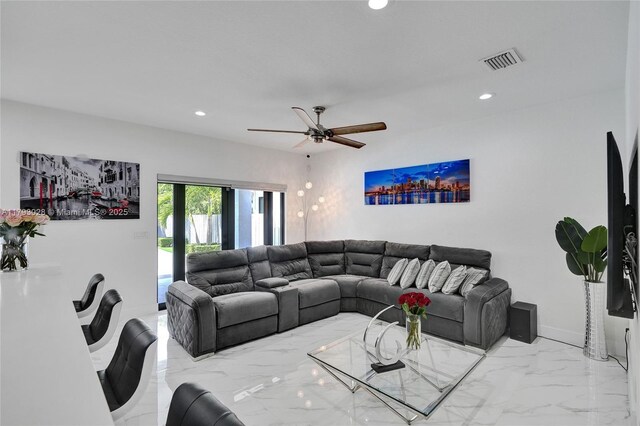 14631 SW 20th St, Miami, FL 33175 - living room with visible vents, marble finish floor, baseboards, ceiling fan, and recessed lighting