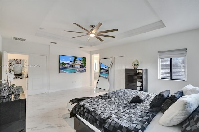 14631 SW 20th St, Miami, FL 33175 - bedroom with a raised ceiling, a ceiling fan, marble finish floor, and visible vents