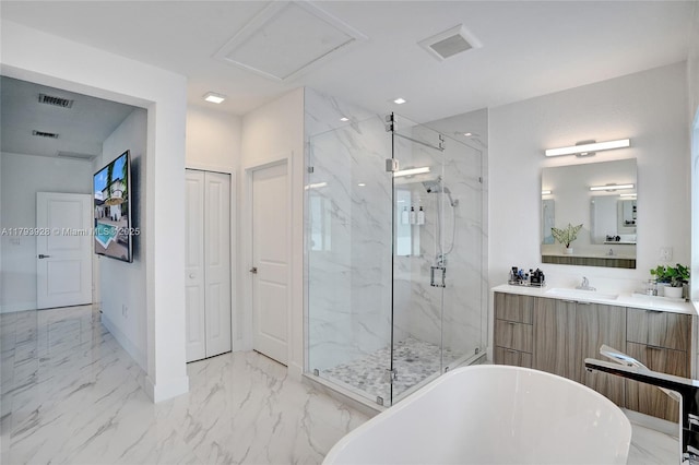 14631 SW 20th St, Miami, FL 33175 - bathroom featuring a freestanding tub, a marble finish shower, marble finish floor, and vanity