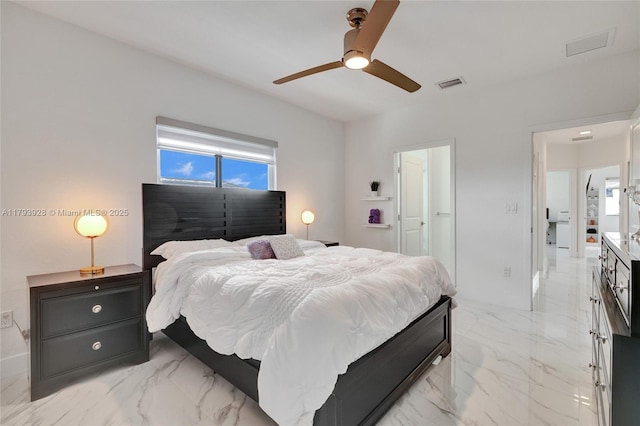 bedroom featuring ceiling fan, visible vents, multiple windows, and marble finish floor