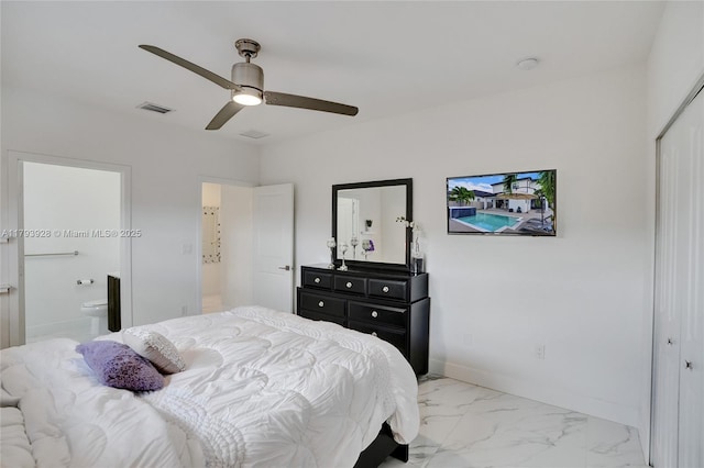bedroom featuring ceiling fan, connected bathroom, visible vents, a closet, and marble finish floor