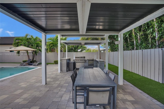 view of patio featuring a fenced backyard, a fenced in pool, and area for grilling