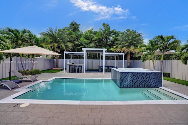 view of swimming pool featuring a hot tub, a pergola, a fenced in pool, and a fenced backyard