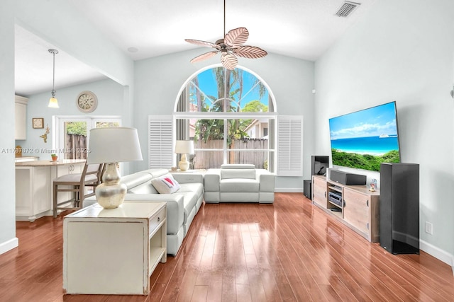 2724 Cayenne Ave, Cooper City, FL 33026 - living area featuring visible vents, a ceiling fan, vaulted ceiling, and a healthy amount of sunlight