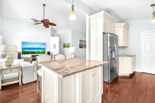 2724 Cayenne Ave, Cooper City, FL 33026 - kitchen featuring lofted ceiling, open floor plan, dark wood-style floors, stainless steel fridge, and a ceiling fan