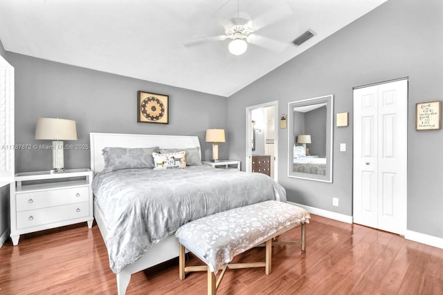 2724 Cayenne Ave, Cooper City, FL 33026 - bedroom with ceiling fan, baseboards, wood finished floors, lofted ceiling, and visible vents