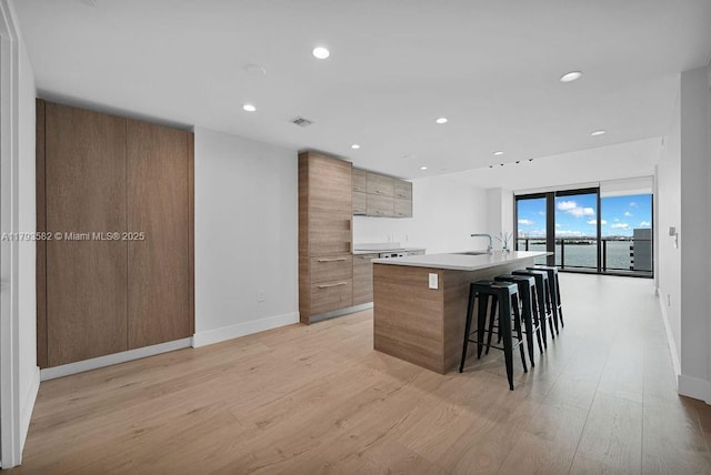 650 NE 32nd St Unit 1004, Miami, FL 33137 - kitchen featuring baseboards, modern cabinets, light wood finished floors, and a kitchen bar