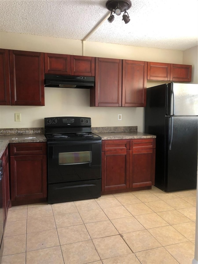 9044 NW 28th Dr Unit 3-202, Coral Springs, FL 33065 - kitchen with black appliances, under cabinet range hood, dark brown cabinets, a textured ceiling, and light tile patterned floors