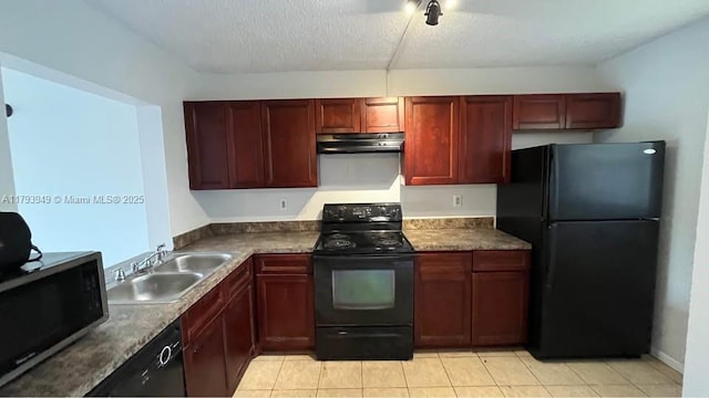 9044 NW 28th Dr Unit 3-202, Coral Springs, FL 33065 - kitchen featuring black appliances, under cabinet range hood, a sink, reddish brown cabinets, and light tile patterned flooring