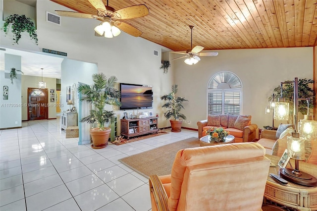 living area featuring light tile patterned floors, high vaulted ceiling, a ceiling fan, and visible vents
