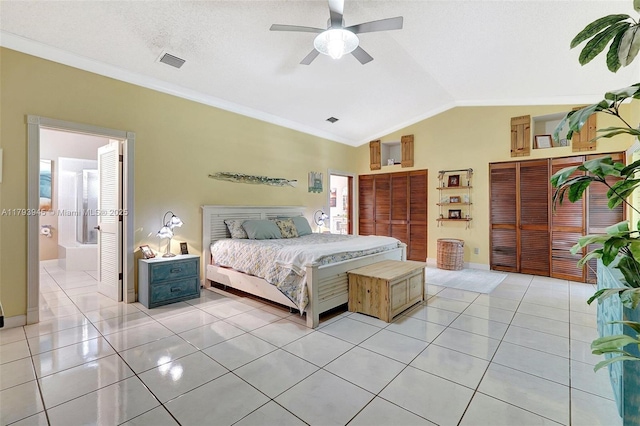 bedroom with ceiling fan, light tile patterned floors, vaulted ceiling, visible vents, and ornamental molding
