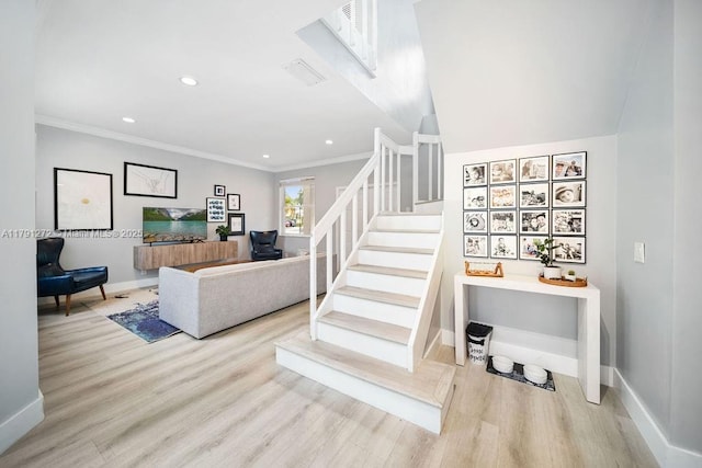 721 Tanglewood Cir, Weston, FL 33327 - stairs featuring crown molding, baseboards, and wood finished floors