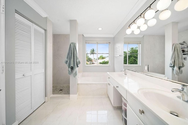 721 Tanglewood Cir, Weston, FL 33327 - bathroom with a sink, a shower stall, ornamental molding, a bath, and a closet