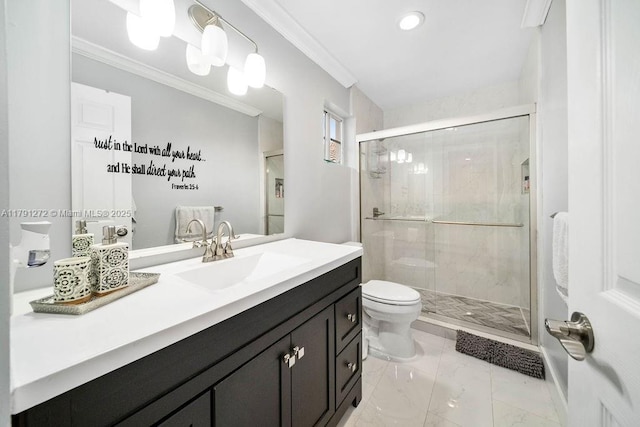 721 Tanglewood Cir, Weston, FL 33327 - full bath featuring vanity, toilet, marble finish floor, ornamental molding, and a stall shower