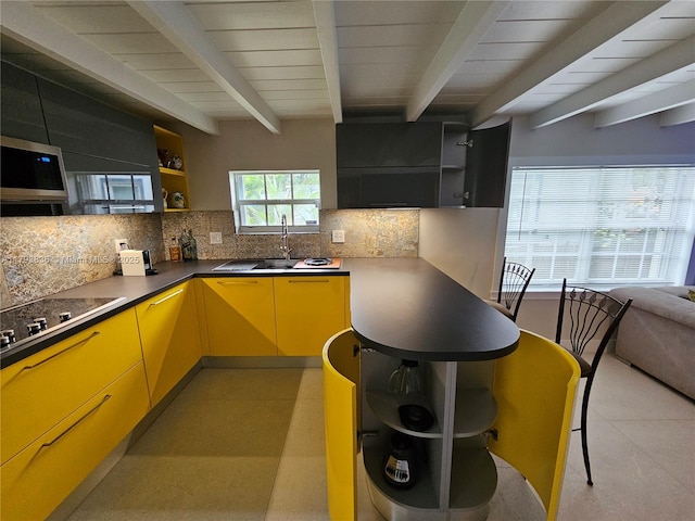 kitchen with black electric cooktop, open shelves, decorative backsplash, and a sink