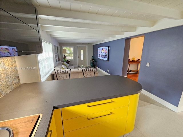 kitchen featuring baseboards, a peninsula, beam ceiling, and dark countertops