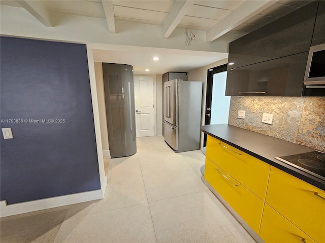 12120 NE 11th Pl, North Miami, FL 33161 - kitchen with dark countertops, beamed ceiling, recessed lighting, appliances with stainless steel finishes, and backsplash