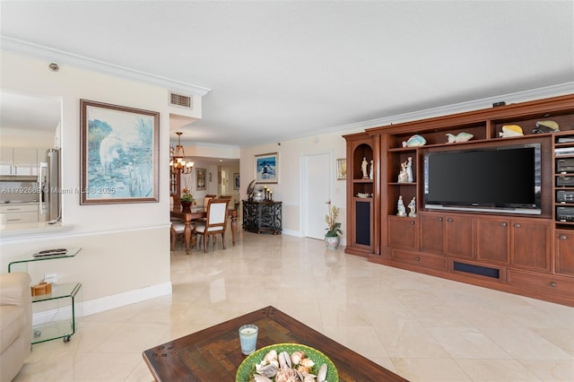 living area featuring a chandelier, baseboards, light tile patterned floors, visible vents, and ornamental molding