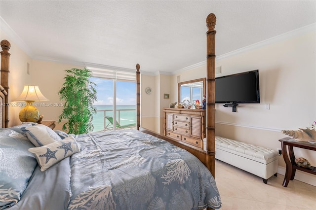 bedroom featuring access to exterior, ornamental molding, and multiple windows