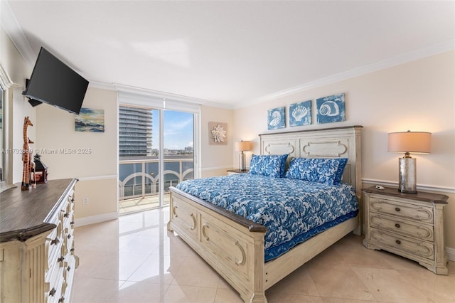 bedroom featuring crown molding, baseboards, access to exterior, and light tile patterned floors