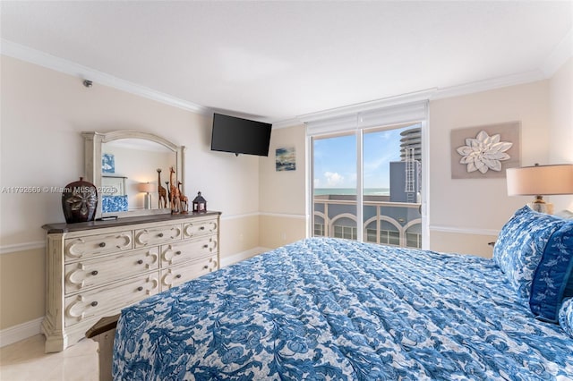bedroom featuring crown molding, baseboards, and access to outside