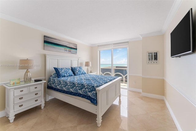 bedroom with crown molding, baseboards, light tile patterned floors, and access to exterior