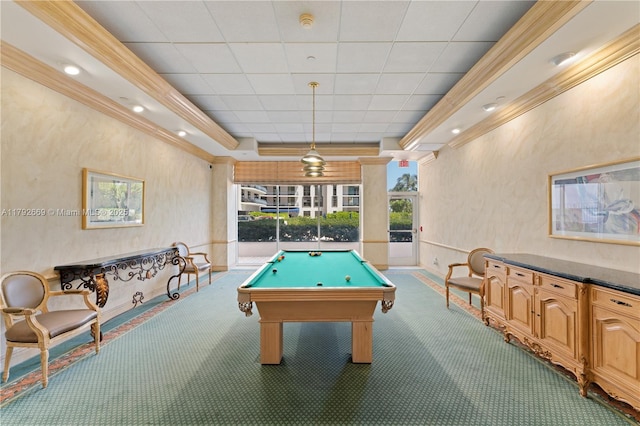 rec room featuring carpet floors, crown molding, a drop ceiling, pool table, and a tray ceiling