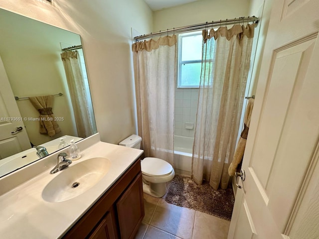 full bathroom featuring toilet, tile patterned floors, shower / bathtub combination with curtain, and vanity