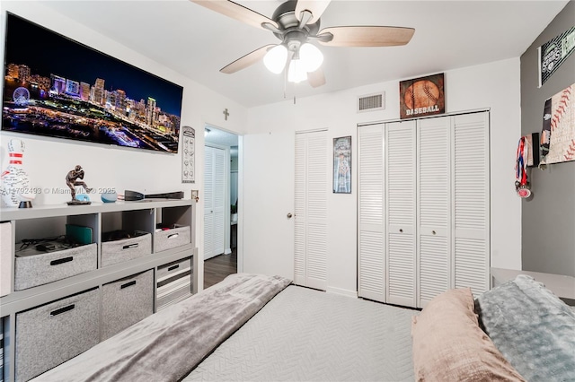1100 N Hiatus Rd Unit 1100, Pembroke Pines, FL 33026 - bedroom with carpet floors, ceiling fan, two closets, and visible vents