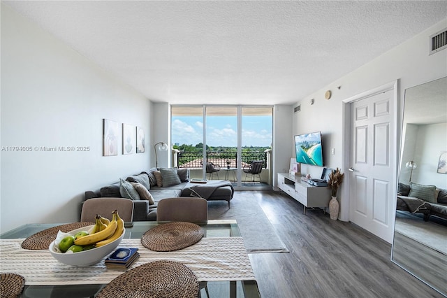 living room featuring expansive windows, a textured ceiling, and wood finished floors
