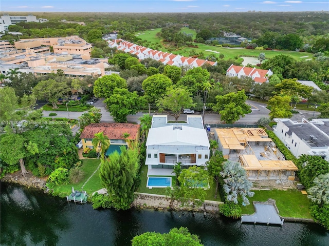 aerial view featuring a water view and golf course view