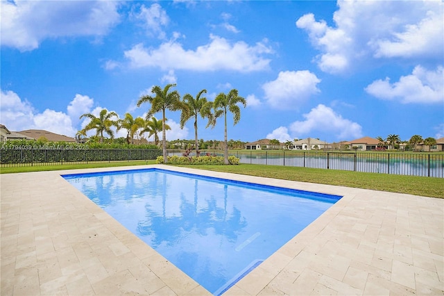 view of swimming pool with a water view, a fenced in pool, a fenced backyard, and a patio area