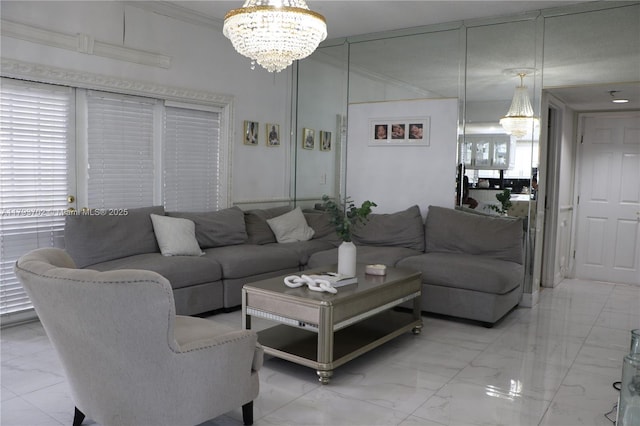 2921 SW 141st Ct, Miami, FL 33175 - living area featuring an inviting chandelier, ornamental molding, and marble finish floor