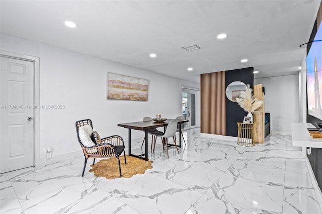 dining space with recessed lighting, baseboards, visible vents, and marble finish floor