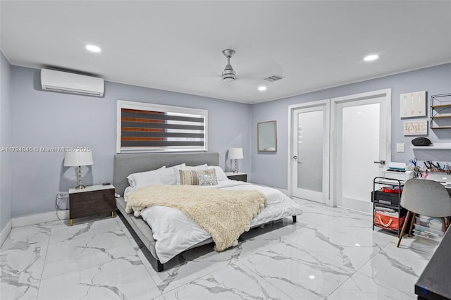 bedroom featuring ceiling fan, an AC wall unit, marble finish floor, recessed lighting, and baseboards