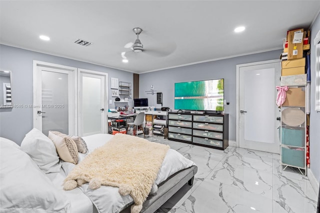 bedroom with ceiling fan, marble finish floor, recessed lighting, baseboards, and visible vents