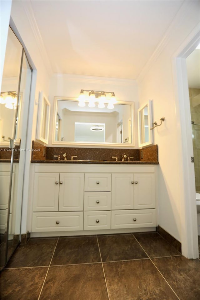 1583 Presidio Dr, Weston, FL 33327 - full bathroom featuring double vanity, ornamental molding, toilet, and tile patterned flooring
