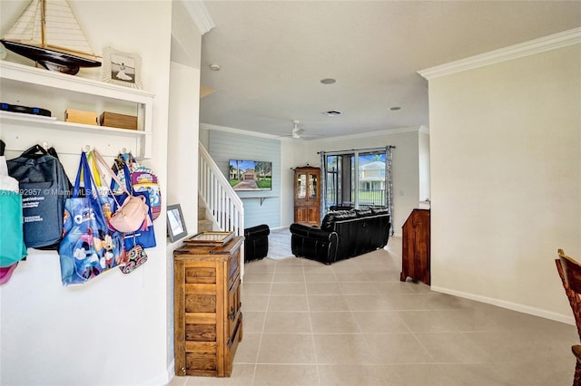 7643 Corkwood Ave, Boynton Beach, FL 33437 - hallway with ornamental molding, tile patterned floors, stairs, and baseboards