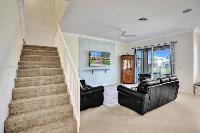 7643 Corkwood Ave, Boynton Beach, FL 33437 - living area featuring stairs, ceiling fan, light tile patterned flooring, ornamental molding, and baseboards