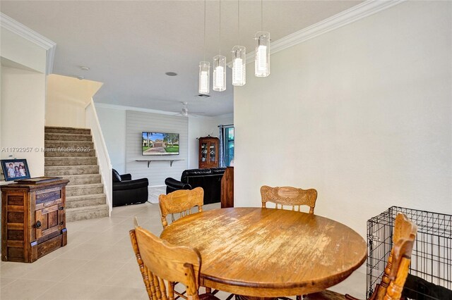 7643 Corkwood Ave, Boynton Beach, FL 33437 - dining area featuring stairs, ornamental molding, light tile patterned flooring, and a ceiling fan