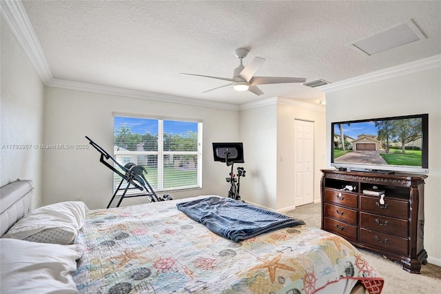 7643 Corkwood Ave, Boynton Beach, FL 33437 - bedroom featuring light colored carpet, crown molding, attic access, a ceiling fan, and baseboards
