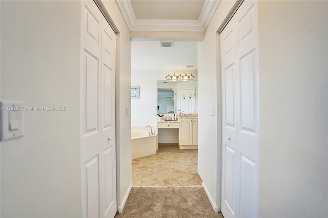 7643 Corkwood Ave, Boynton Beach, FL 33437 - corridor featuring ornamental molding, light carpet, and baseboards