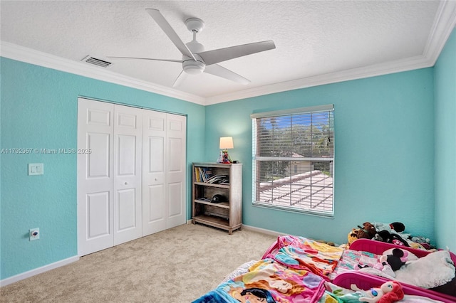 7643 Corkwood Ave, Boynton Beach, FL 33437 - bedroom featuring carpet flooring, ornamental molding, a textured ceiling, a closet, and a ceiling fan