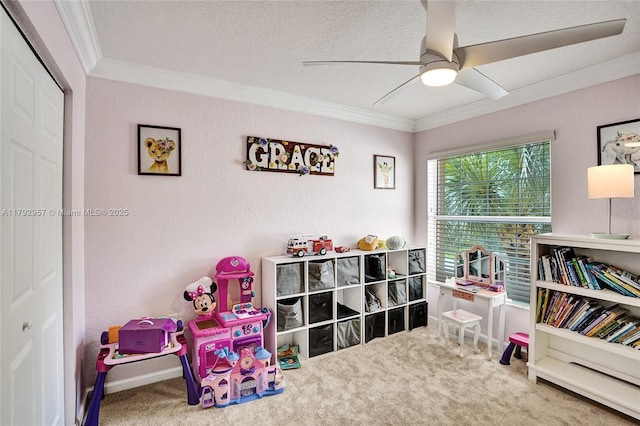 7643 Corkwood Ave, Boynton Beach, FL 33437 - rec room with ornamental molding, carpet, ceiling fan, and a textured ceiling