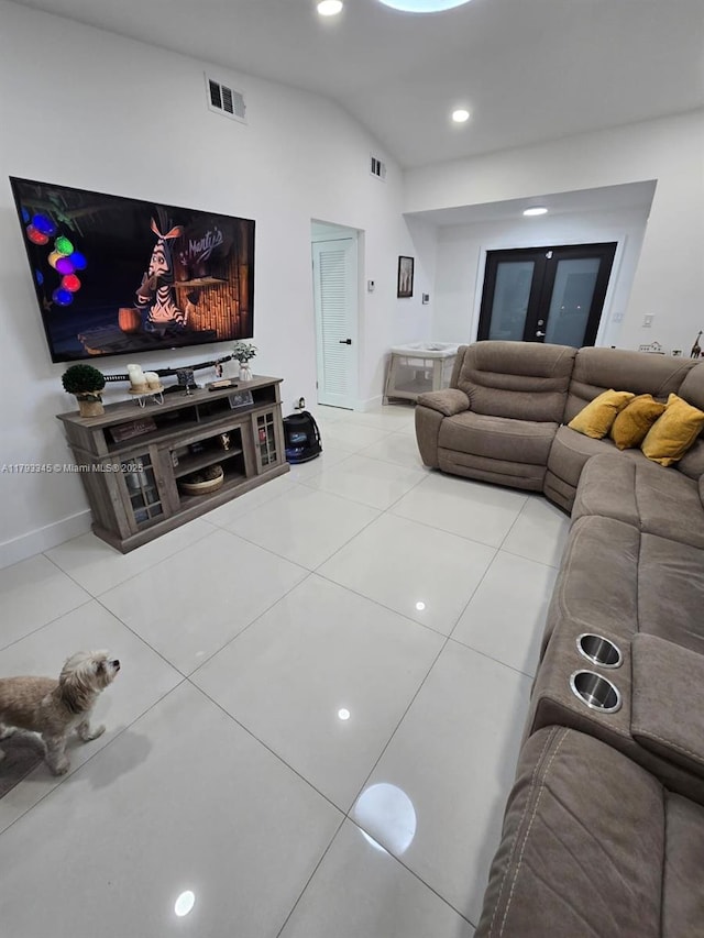 11015 SW 158th Ter, Miami, FL 33157 - tiled living room featuring baseboards, lofted ceiling, recessed lighting, and visible vents